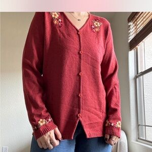 Embroidered Red Cardigan Sweater